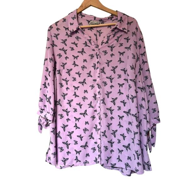 CATHERINES Womens 1X Lavender Purple Butterfly Button Up Collar Blouse Top Shirt - Picture 2 of 9